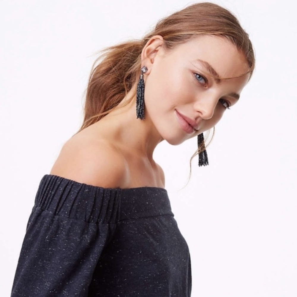 EUC Loft shimmer metallic charcoal off shoulder long blouson sleeve blouse top - Picture 2 of 7